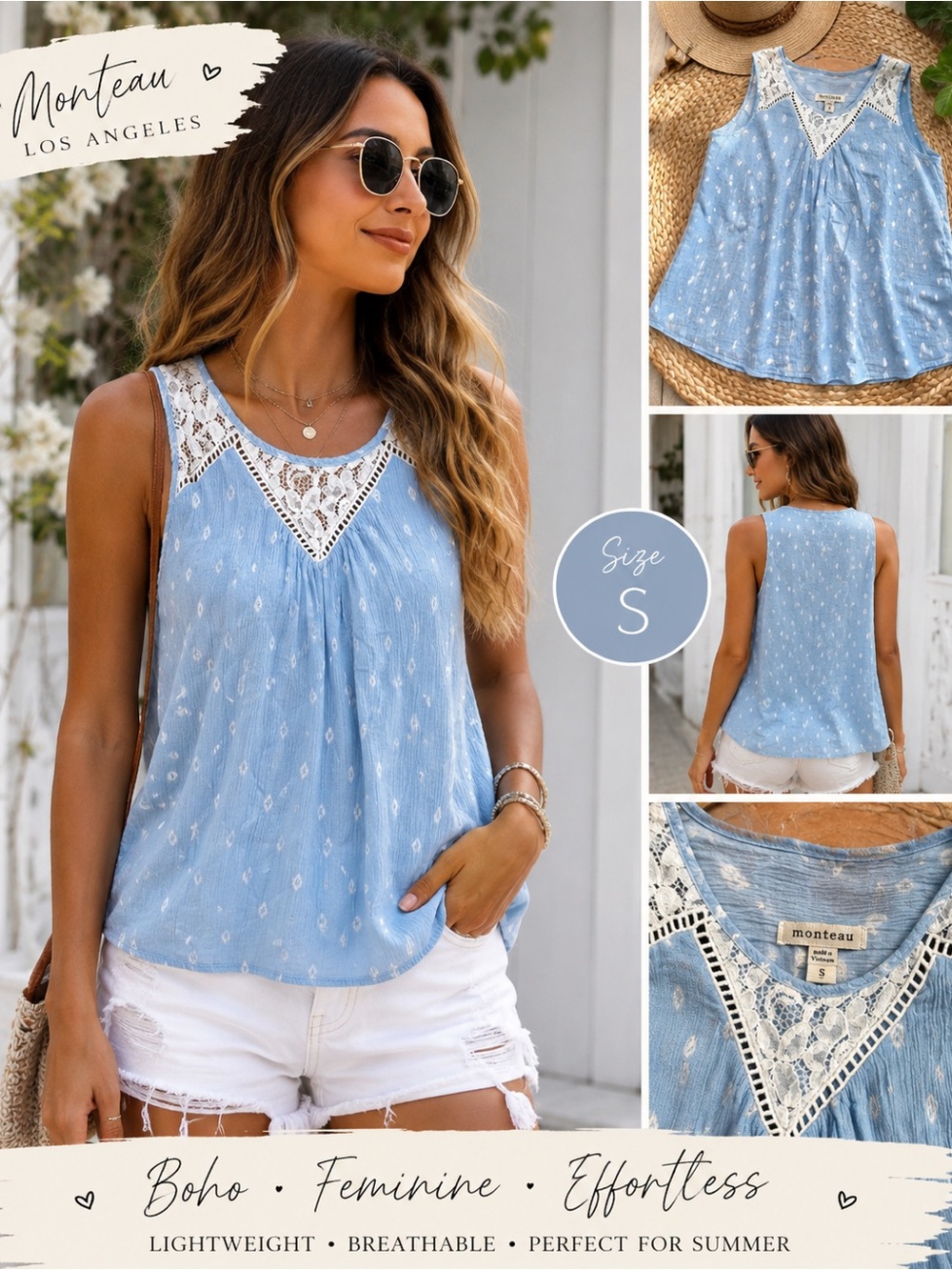 Monteau Light Blue Lace-Trim Sleeveless Tank Top